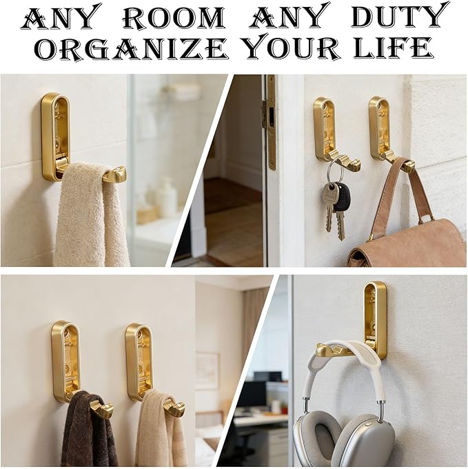 Folding Coat Hooks 2 Pack, Heavy Duty Purse Hook for Wall That Stays Flat, Zinc Alloy Gold Wall Hooks for Towels, Robes, Coats in Bathroom, Closet, Entryway ﻿