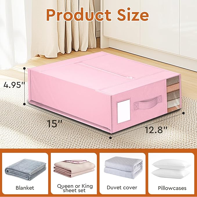4 Pack Bed Sheet Closet Organizers and Storage,Sturdy Foldable Storage Containers with Window and Label,Storage and Organization for Bedding Sheets,Duvet Covers,Blankets (Pink)