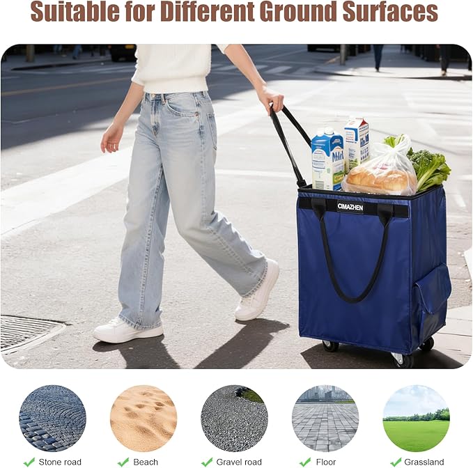 (Medium,Blue) Reusable Grocery Bag on Wheels, Foldable Rolling Tote Bag with 3 Handles and Zipper, Storage Organizer for Clothes & Groceries, Rolling Shopping Cart for Trips, 76lb