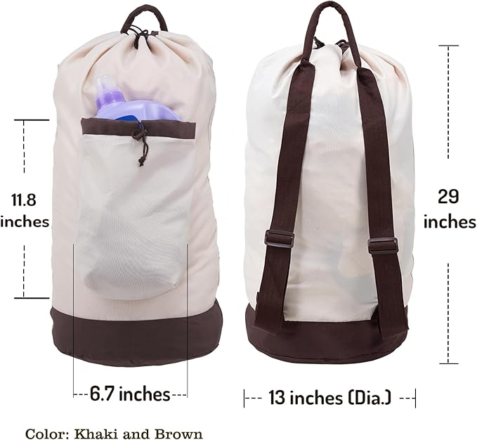 Seiritex Laundry Bag Backpack with Shoulder Straps and Detergent Holder Clothes, Travel Laundry Backpack Bag Hamper for College Dorm Room (Khaki w Brown)