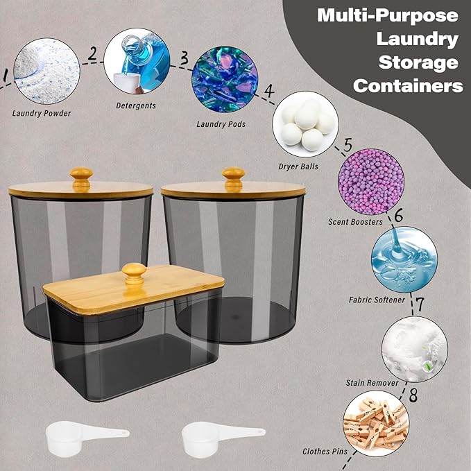 3 Pack Plastic Laundry Powder Container & Dryer Sheet Holder with Lids, Labels & Scoops - Laundry Detergent Organizer and Storage Jars for Pods,Beads, Soap, Scent Booster (Clear Grey)