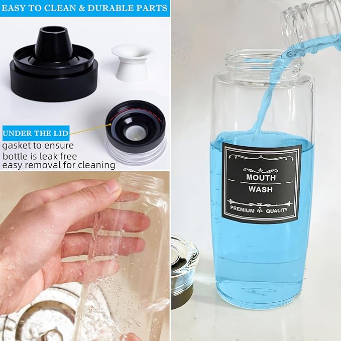 2 Pack Glass Mouthwash Dispenser, Leakproof Mouth Wash Container Bottle with Cup Lid, 9.5 OZ Refillable Glass Mouthwash Bottle Decanter for Countertop/8 Pcs Label
