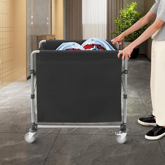 Commercial Laundry Cart with Wheels, 220lbs Capacity Heavy Duty Rolling Hamper, Foldable Laundry Cart with 4 Locking Wheels and Oxford Cloth for Home, Dorm, Hotel, and Commercial Use (Black)