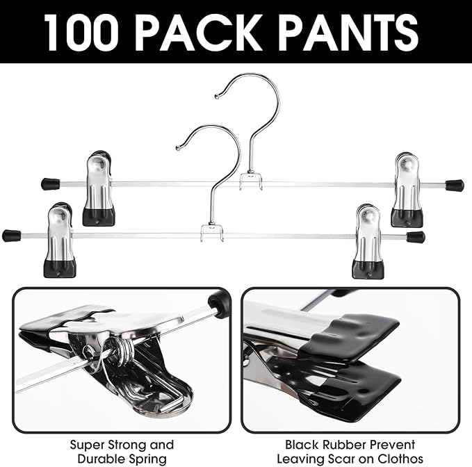 Weysat 50 Pack Pant Hangers with Clips Adjustable Metal Pants Skirt Hangers Bulk for Space Saving Heavy Duty for Clothes Jeans Closet Organizer, Silver and Black