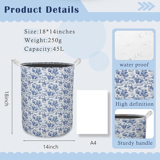 Chinoiserie Western Cowboy Laundry Basket Hamper, Blue and White Toile Rodeo Cowboy Western Foldable Clothes Toys Books Storage Box Bins Baskets Organizer for Bedroom Bathroom Home