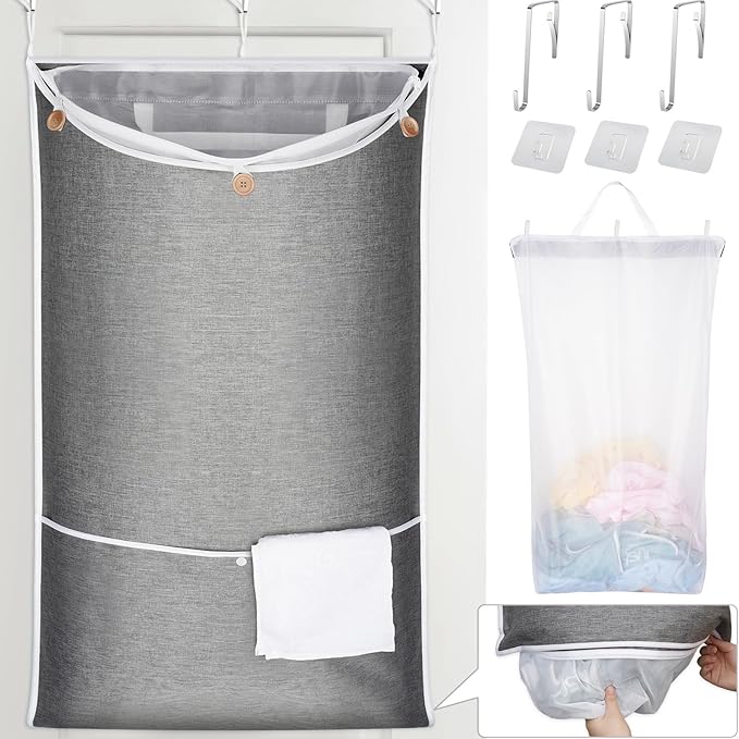 NiHome XXL Hanging Laundry Hamper Bag 39.4"x22.4" with Removable Delicates Bag, 2-in-1 Door Hamper with Dual Hooks, Wide Opening Laundry Bag for Dorm Bedroom Bathroom(Use Together or Separately)