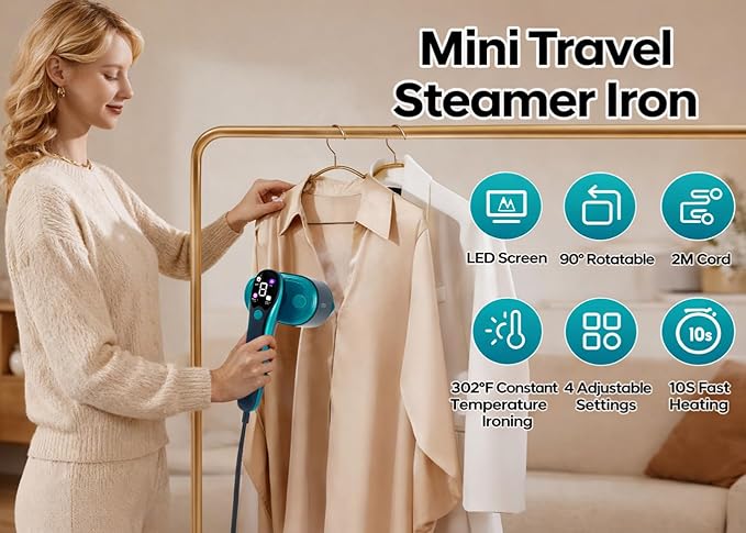 Travel Steamer for Clothes 1200W Powerful Wrinkle Remover, 2 in 1 Clothes Steamer & Steam Iron, 10-Second Heat Up, Lightweight & Compact Portable Iron for Home & Travel