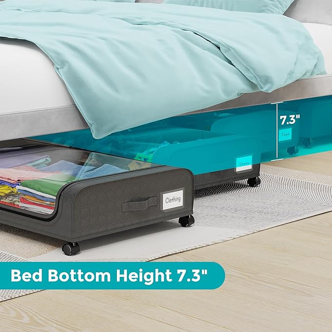 oylik 4 Pack Under Bed Storage with Wheels, Under Bed Shoe Storage Larger Capacity with PVC Clear Window & Label, Under the Bed Storage Containers for Shoe Clothes Toy Book(Grey)