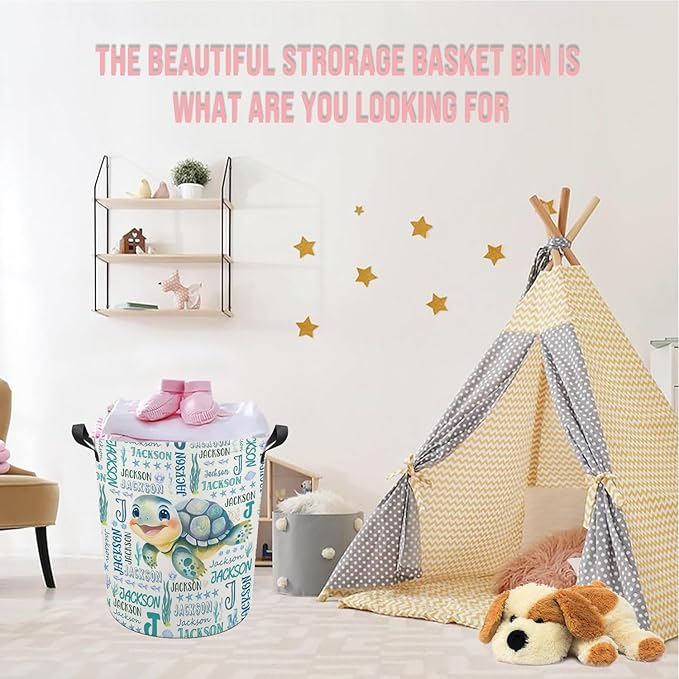 Sea Turtle Laundry Basket,Custom Laundry Hamper with Name,Personalized Sea Turtle Gifts for Boys Girls,Customize Collapsible Laundry Basket for Bedroom Bathroom,M-19.5"X 15.7"