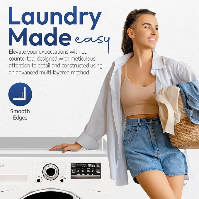 OfficeSimpli Washer Dryer Countertop, Made in USA, Non-Slip Pads, Laundry Room Wood Topper, Washer Dryer Cover for Top, Laundry Countertop, Laminate Finish (Glacier White, Standard (27.5" x 54"))