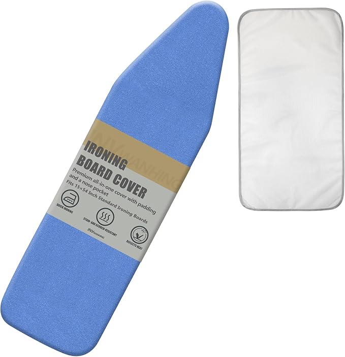 Ironing Board Cover and Pad, 15 x 54 Inch Standard Size, Extra Thick Padding, Silicone Coated Surface, Scorch and Stain Resistant, Elastic Edges, Adjustable Fastener. (Blue, 15＂× 54＂)