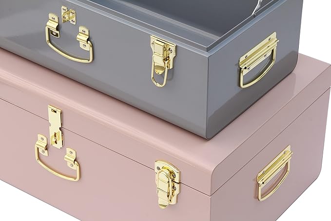 Vixdonos Decorative Metal Box Storage Trunks Set of 2 College Dorm Chest with Lock Hole,23.7X14.2X9.5 Inches(Grey and Pink)