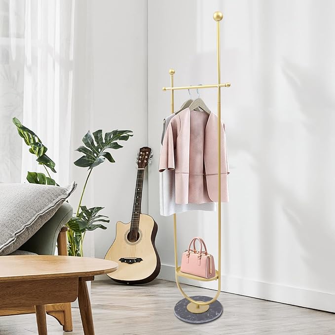 73in-Gold Clothing Garment Rack with Storage Shelf and Hat Hooks, Freestanding Coat Rack Stand Hanging Clothes, Bags, Hat for Entryway Bedroom Organizer Clothing Stores Boutique Retail