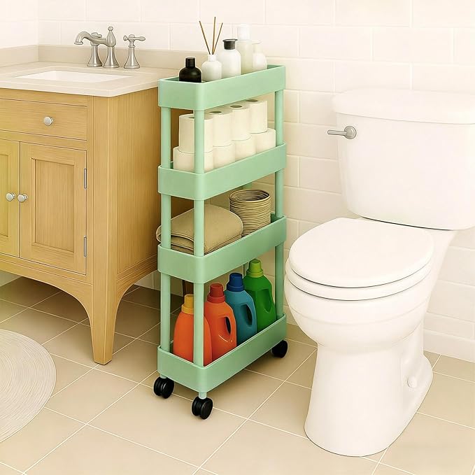 ShellKingdom 4 Tier Bathroom Storage Organizer, Slim Rolling Storage Cart for Narrow Space, Mobile Shelving Unit with Lockable Wheels and Hooks for Bathroom, Kitchen, Laundry Movable Shelf (Green)