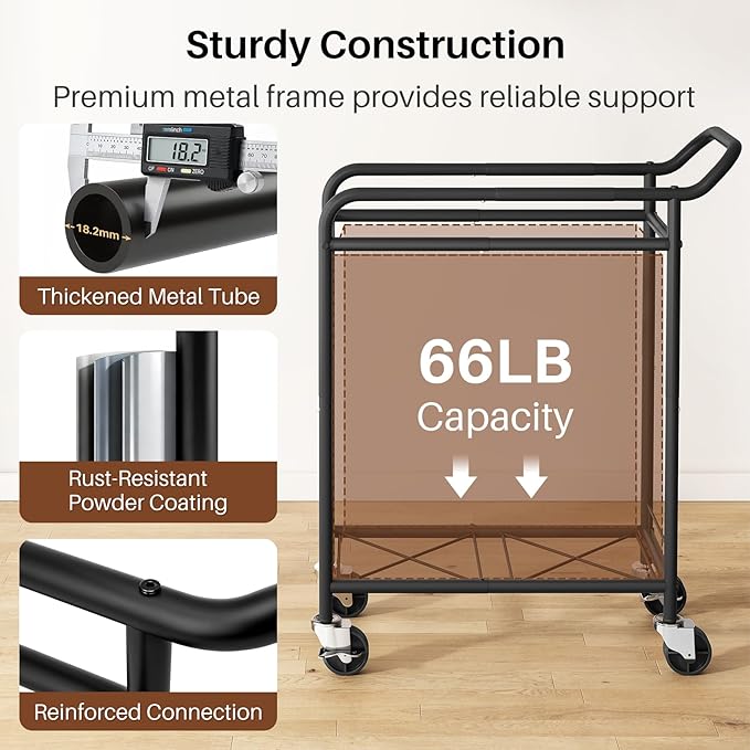 Laundry Basket with Wheels,150L Large Rolling Laundry Hamper, Heavy-Duty Laundry Cart Sturdy Metal Frame with Handle, Minimizes Bending Easy Access Clothing for Bedroom, Bathroom, Laundry Room (Black)