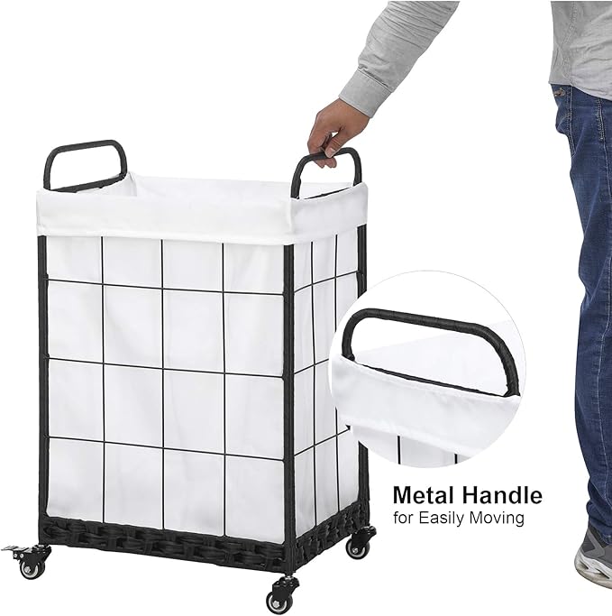 Heavy Duty Laundry Hamper with Lockable Rolling Wheels – Durable, Collapsible Laundry Basket Featuring Removable Liner Bag & Metal Handle (White)