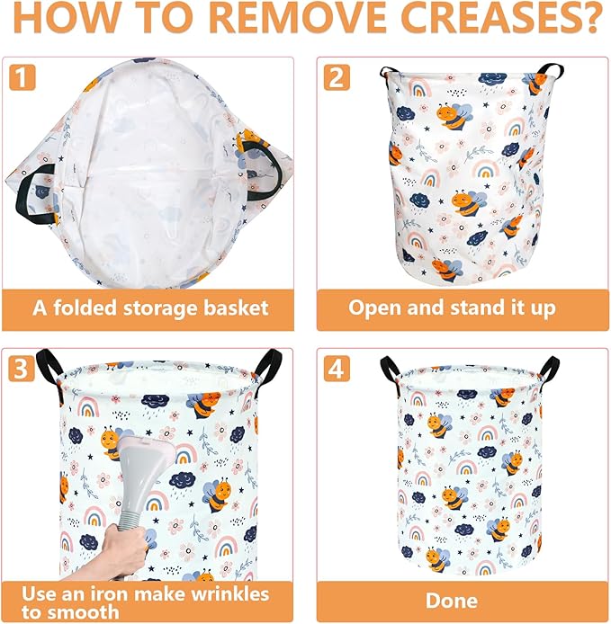 Rainbow Bee Print Canvas Laundry Basket,Waterproof Storage Bin with Handles 15.7" D×19.7" H Foldable Toy Organizer Decor Gift Basket for Kids' Bedroom & Home Organization
