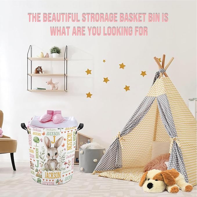 Bunny Laundry Basket,Custom Laundry Hamper with Name,Personalized Bunny Gifts for Boys Girls,Customize Collapsible Laundry Basket for Bedroom Bathroom,M-19.5"X 15.7"