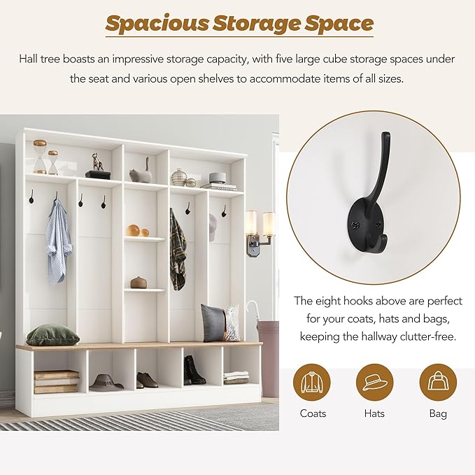 Modern Hall Tree with Storage Bench, Minimalist Shoe Cabinet with Cube Storage & Shelves, Multifunctional Coat Rack with 8 Hooks for Entryways Mudroom Hallway (White + Particle Board-Q13)