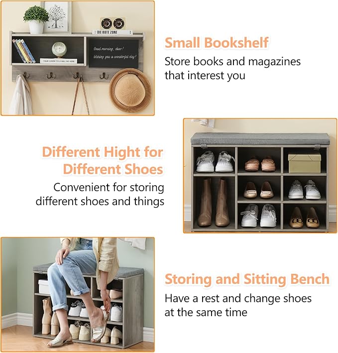 Entryway Shoe Bench with Coat Rack, Cushioned Storage Seat with Cubbies, Shoe Rack Bench for Front Door Entrance, Hall Tree with Hooks, Blackboard & Extra Storage for Entryway, Hallway & Living Room