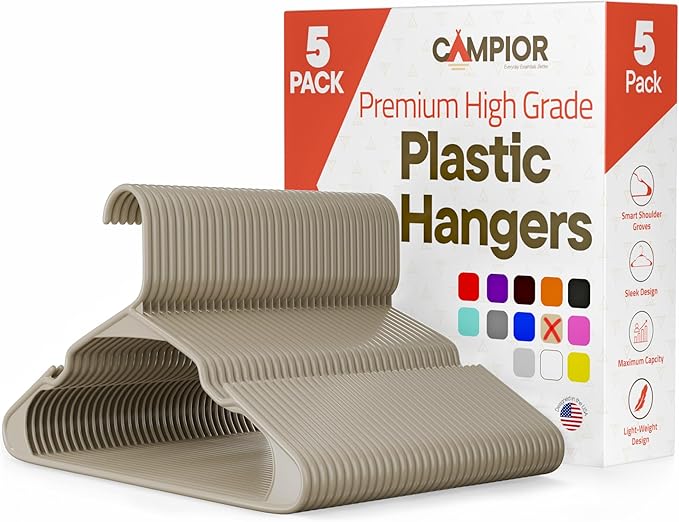 Plastic Clothes Hangers – Heavy Duty Hanger Set, for Organizing Clothes, Dresses, and Coat, Holds Up to 5 lbs, Space-Saving Hangers with Non-Slip Shoulder Grooves, Pack of 5, Ivory