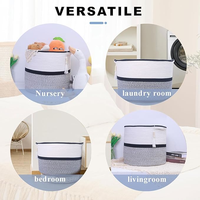 Large Woven Rope Laundry Hamper, Cotton Rope Storage Basket with Handles, Multipurpose Storage Basket for Laundry, Toys, Blankets in Bedroom, Bathroom, Living Room - Stylish & Durable (Black, 100L)