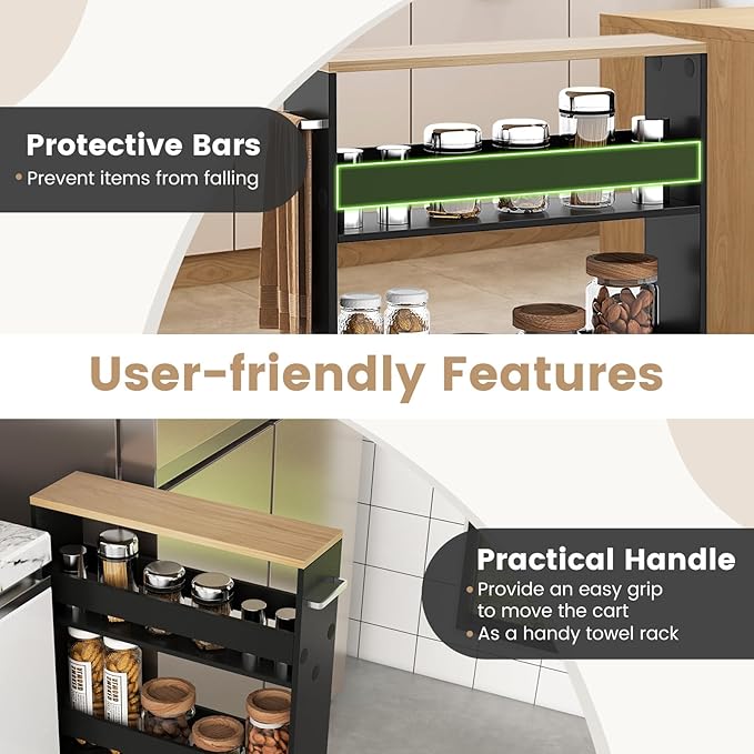 4-Tier Slim Rolling Storage Cart, Wooden Kitchen Utility Cart with Wheels & Handle, Space Saving Trolley, Slide Out Shelving Unit for Narrow Spaces, Laundry, Bathroom (Black + Natural)
