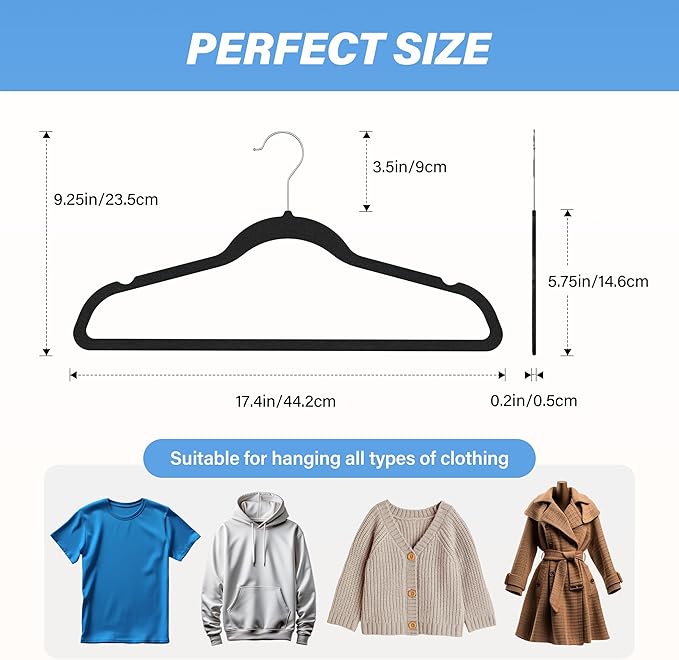 YSSOA Velvet Hangers 50 Pack, Non-Slip Clothes Hangers with Shoulder Notches, Heavy Duty Coat Suit Hangers with 360° Swivel Hooks, Black