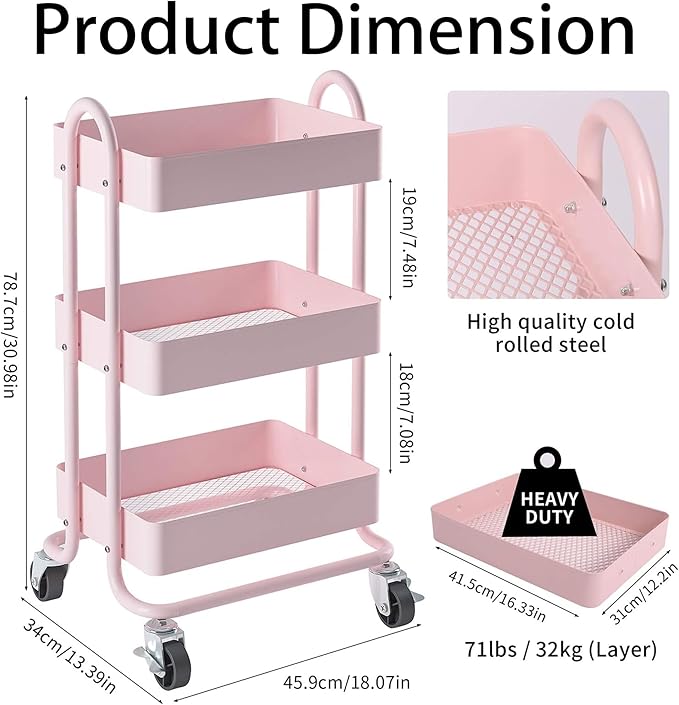 3-Tier Utility Rolling Cart,Kitchen Storage Carts with Wheels,Pink Metal Rolling Cart for Office,Home,Kitchen,Garden（13.4"x18.1"x31"） Pink