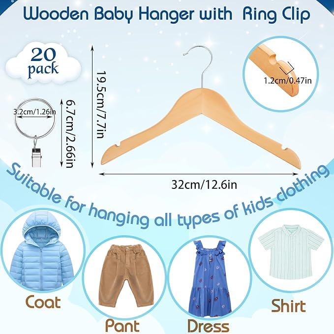 20 Pcs Wooden Baby Clothes Hangers with 20 Pcs Metal Ring Clips 12.6" Wooden Shirt Coat Hangers with Notches and Anti Rust 360 Swivel Chrome Hook for Kids Children Toddler Clothes