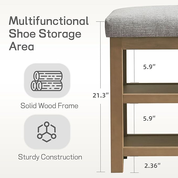 Shoe Rack Bench with Cushion, 2 Tier Solid Wood Storage Bench, Mid-Century Modern Shoe Bench for Entryway, Hallway, Closet, Front Door Entrance, Foyer (Grey, 31.5")