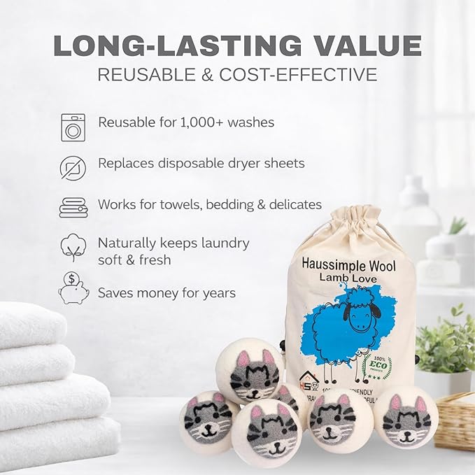 Wool Dryer Balls Organic Felt 6 Pack Laundry Fabric Softener, Extra Large Reusable Handmade Natural Sheep Wool Lint Wrinkle Free Anti Static Baby Safe (Cat)