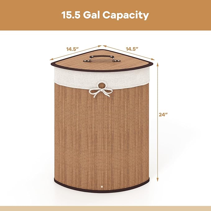 Giantex Corner Laundry Hamper with Lid, 58 L Bamboo Laundry Basket with Removable Liner & Handle, Triangle Clothes Hamper for Small Spaces, Bedroom, Bathroom, Laundry & Living Room (Bamboo)