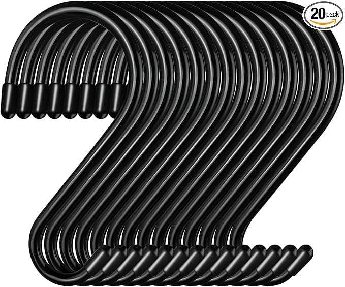 Dreecy 20 Pack 4 Inch S Hooks, Heavy Duty Metal Black Rubber Coated Non Slip Closet S Hooks for Hanging Plants, Clothes, Jeans, Purse, Jewelry, Pot, Pans, Cups, 6.0TG-SG