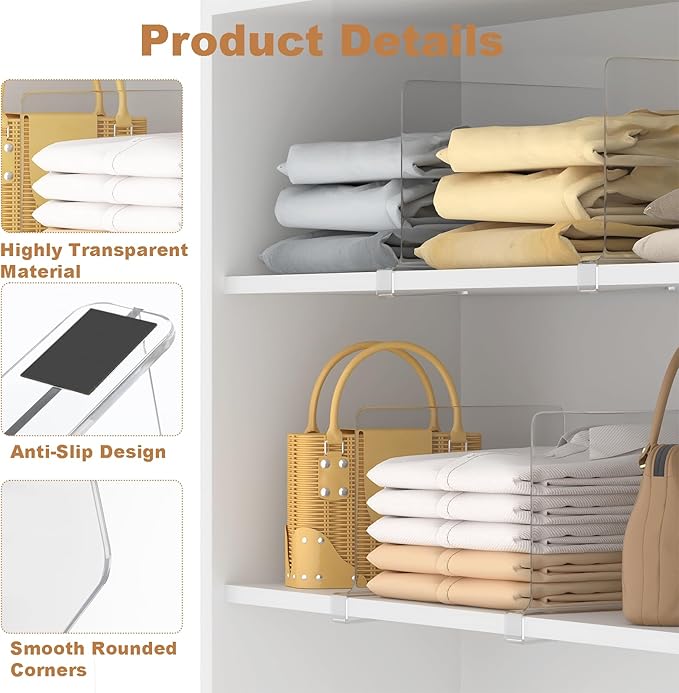 Clear Shelf Dividers for Closet Organization, Pack of 4, Acrylic Closet Shelf Dividers, Purse Organizer, Handbag Organizer, Fits Clothes Bag Towel, for Bedroom Kitchen Bookshelf