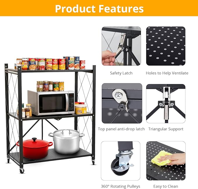 3 Tier Foldable Storage Shelf with Wheels, Heavy Duty Collapsible Metal Shelf Rack Folding Bookshelf, No Assembly Rolling Cart for Kitchen, Pantry, Closet, Office, Bathroom, Garage Organizer, Black