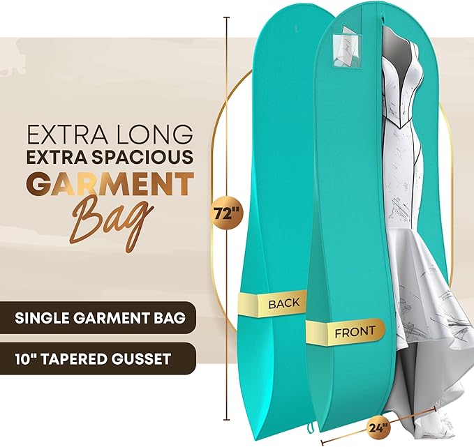 72" Tapered Long Dress Bags for Gowns - Wedding Dress Garment Bag for Dresses - Long Garment Bags for Hanging Clothes & Closet Storage, Dress Bag for Airplane