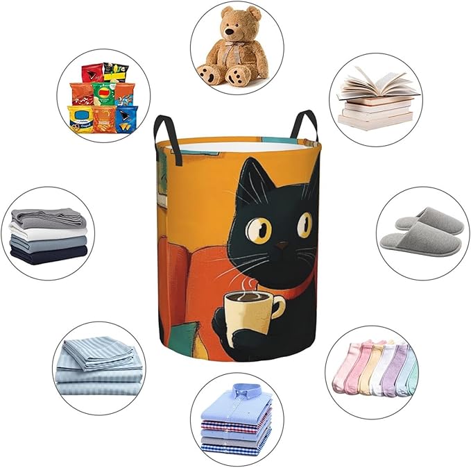 Cute Black Cat Print Laundry Basket For Storage Bins Gift Baskets Bedroom Clothes Hamper