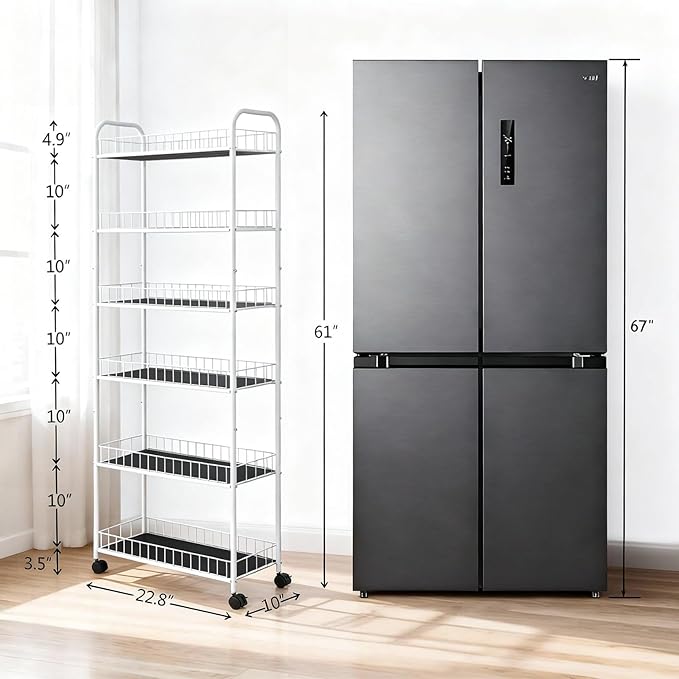 6 Tier Slim Rolling Storage Cart, Mobile Shelving Unit with Wheels, Metal Wire Storage Rack with Baskets for Kitchen Bathroom Office Laundry Narrow Piaces (10in White)