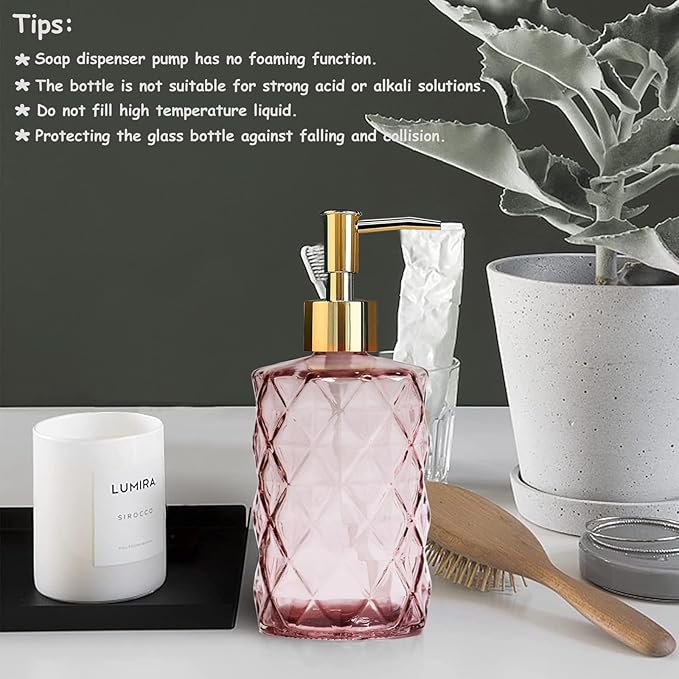 Glass Soap Dispenser with Gold Plastic Pump, 12oz Refillable Liquid Hand Soap Dispenser, 2 Pack Crystal Lotion Bottle for Modern Home Decor, Bathroom, Kitchen Countertop, Hotel