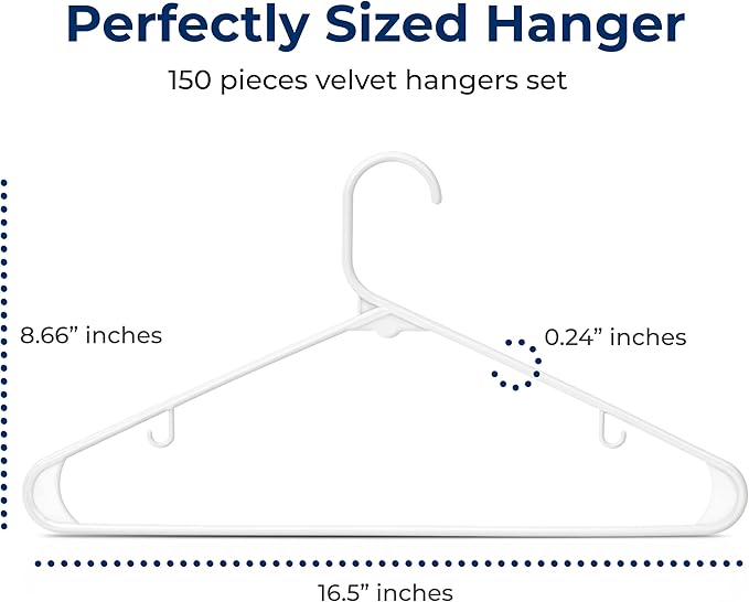 SereneLife White Plastic Hangers 150 Pcs, Durable Hanger Set with Slip Design, Tubular Hangers with 2 Integrated Strap Hooks, Mega Pack for Clothes