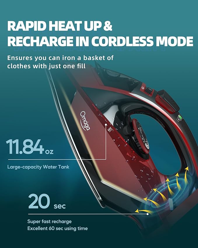 1500W Cordless Iron for Clothes, Wireless Steam Iron with Rapid Heating & Auto Shut Off, for Effective Wrinkle Removal
