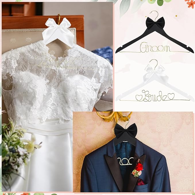 2 Pcs Wire Bride Hanger and Groom Wedding Wooden Hanger with Letter and Bow Tie for Tuxedo Suit Bridesmaid Bridal Wedding Gift Bridal Party Shower