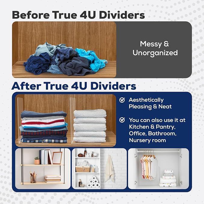 True 4U 6 Pack Acrylic Shelf Dividers for Organizing, Easy to Install Clear Shelf Dividers, Sturdy Shelf Divider for Home Organization and Office
