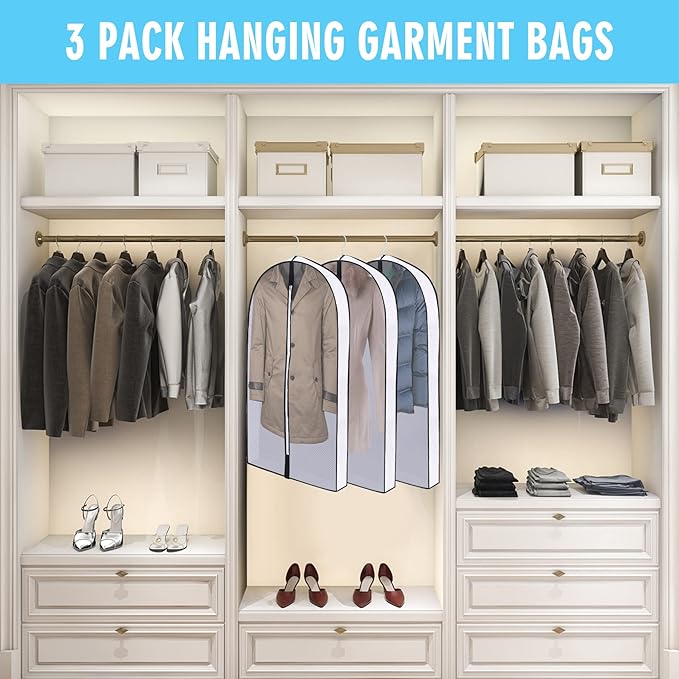 60" Garment Bags for Hanging Clothes, Clear Proof Suits Covers with 4" Gussets for Closet Storage and Travel Hanging Clothes Bag for Coat, Sweater, Jacket, Dress, Shirts (3 Pack - 60")
