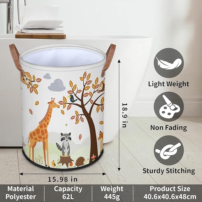 Kids Laundry Hamper Dirty Clothes Cute Animals Collapsible Polyester Sturdy Lightweight Storage Basket with Handles for Bedroom Bathroom Living Room