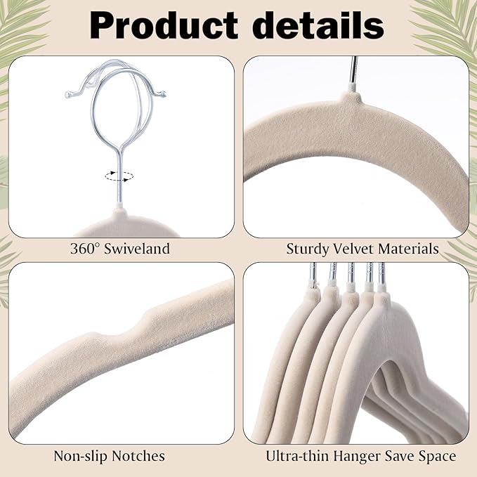 50 Pack Velvet Hangers Non-Slip Shirt Clothes Hangers 360° Swivel Hook Slim Flocked Coat Hanger Heavy Duty Space Saving Felt Hanger for Women Men Pants Jackets Dress(Ivory White)