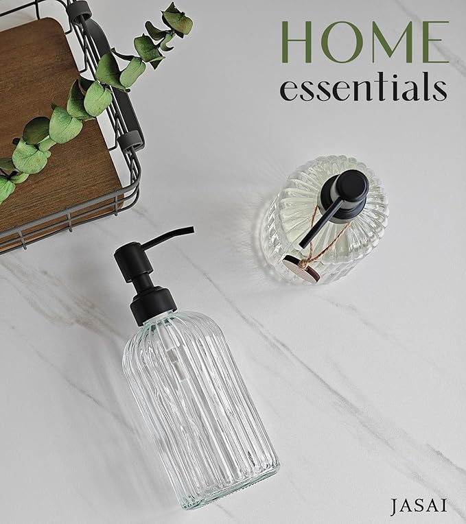 JASAI 2PACK 18Oz Simple Glass Soap Dispensers with Black Pump, Refillable Kitchen soap Dispenser with Vertical Stripe, Bathroom Soap Dispenser for Bathroom Hand soap, Dish Soap, Lotion.