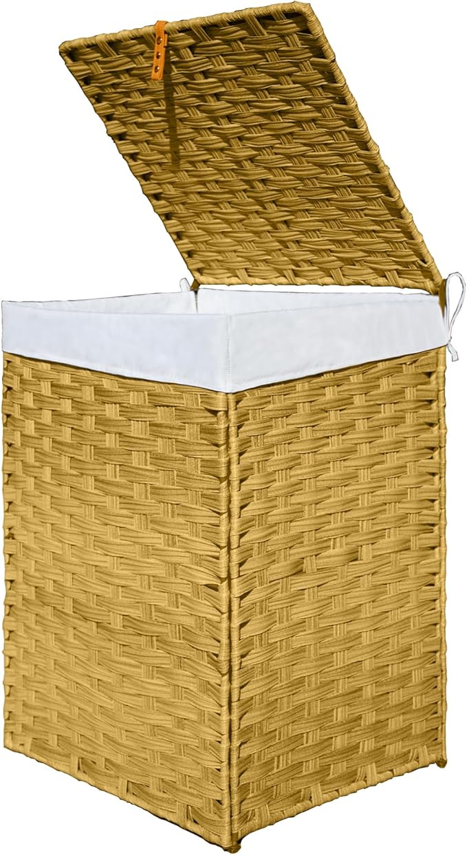 Wicker Laundry Hamper with Lid,24Gal (90 L) Rattan Laundry Basket 2 Sections with Lid, Removable Machine Washable Line, Large Clothes Hamper with Handles for Bathroom Bedroom, Yellow