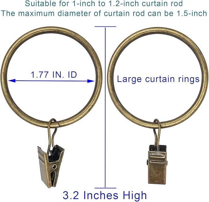 40 Pack Bronze Curtain Rings with Clips, Curtain Hooks Hangers Clip Rings for Hanging Drapes Bows Hat, Drapery Rings 1.77 in I D, Fits up to 1.5 in Diameter Curtain Rod.